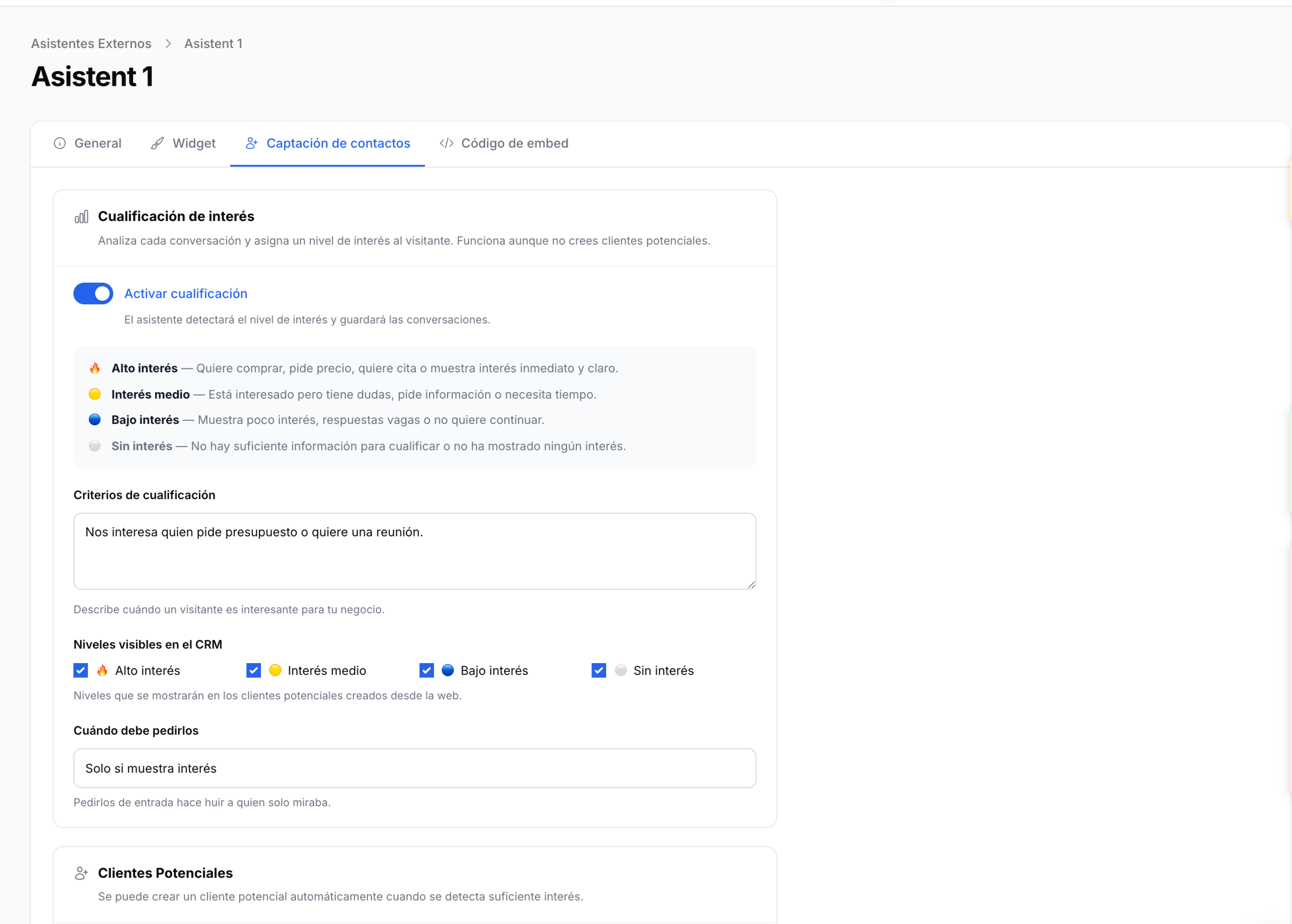 Pantalla de configuración de los niveles de interés y cuándo pedir los datos