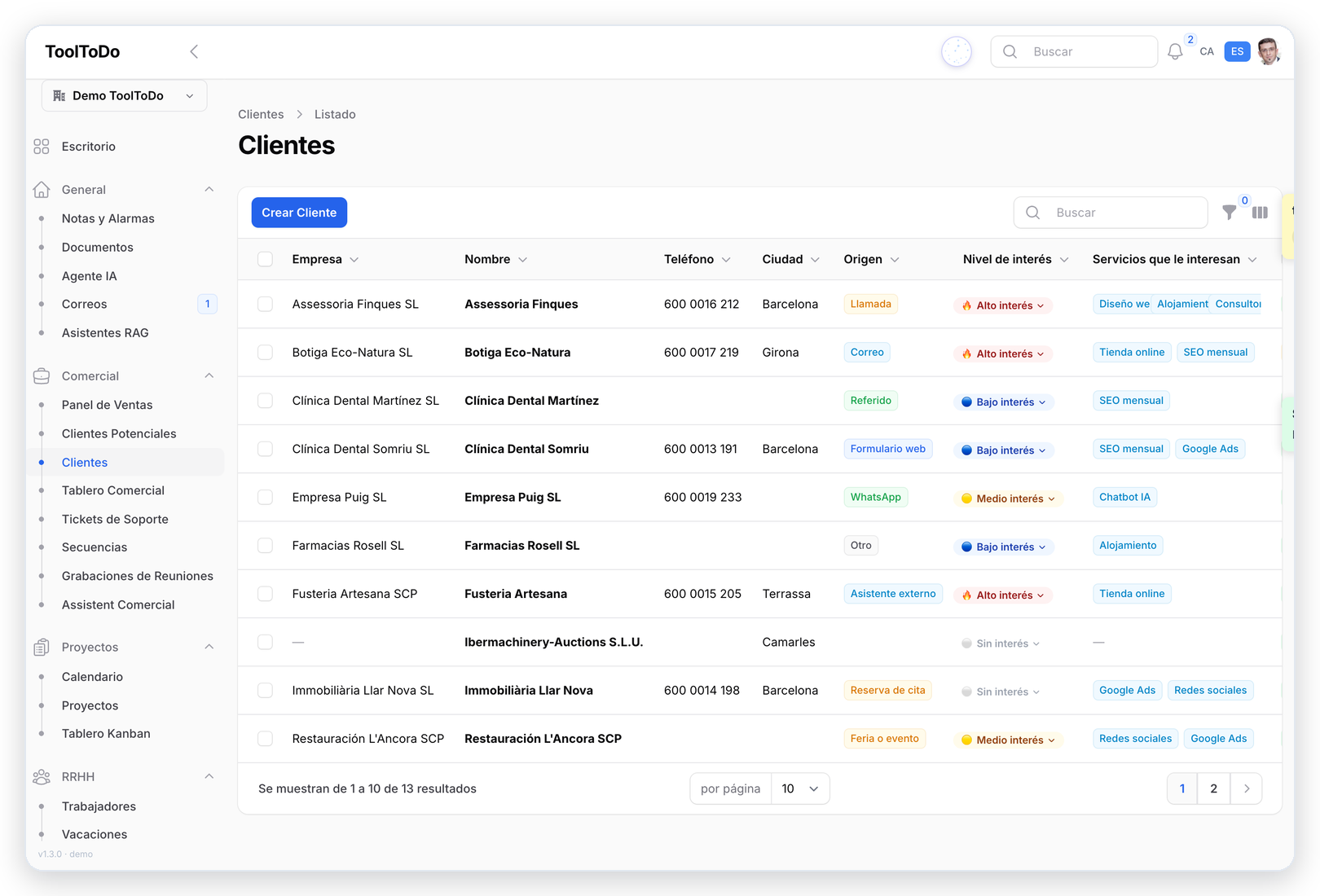 Listado de clientes de ToolToDo con empresa, origen del contacto, nivel de interés y servicios que le interesan