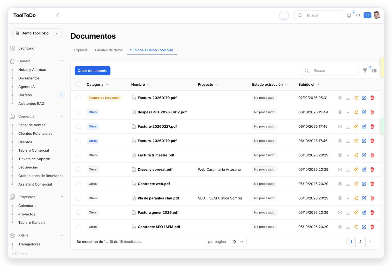 Documentos de ToolToDo: facturas y contratos con su categoría y el proyecto al que pertenecen