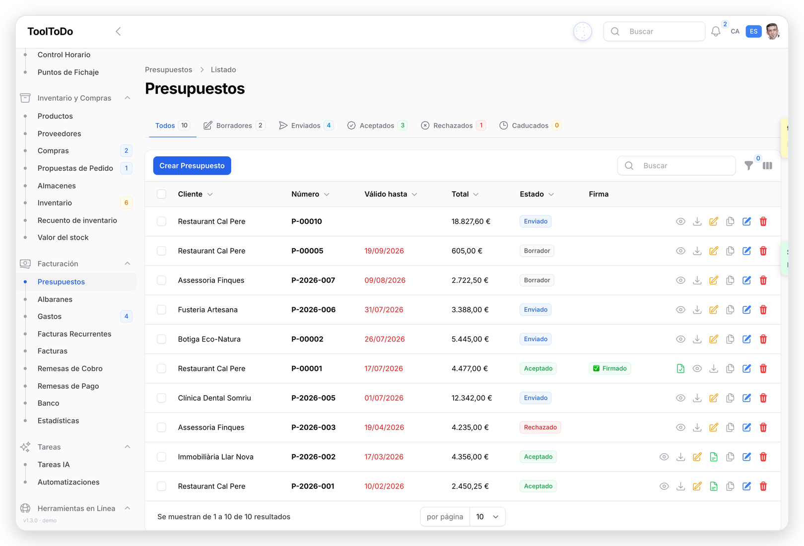 Presupuestos de ToolToDo con importes, estado y firma digital