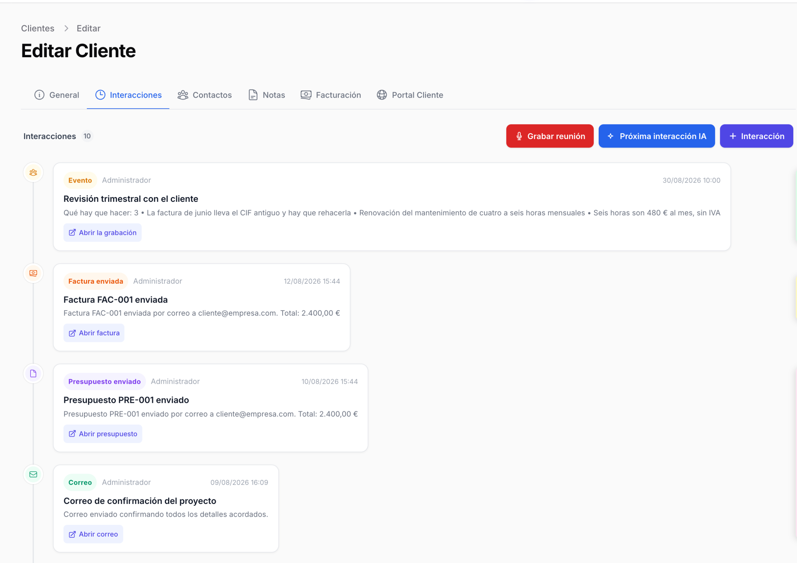 Línea de tiempo de interacciones de un cliente: reunión grabada, factura, presupuesto y correo