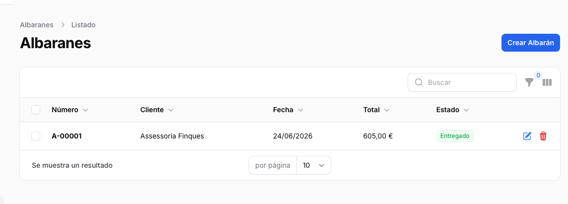 Listado de albaranes con su cliente y su estado de facturación