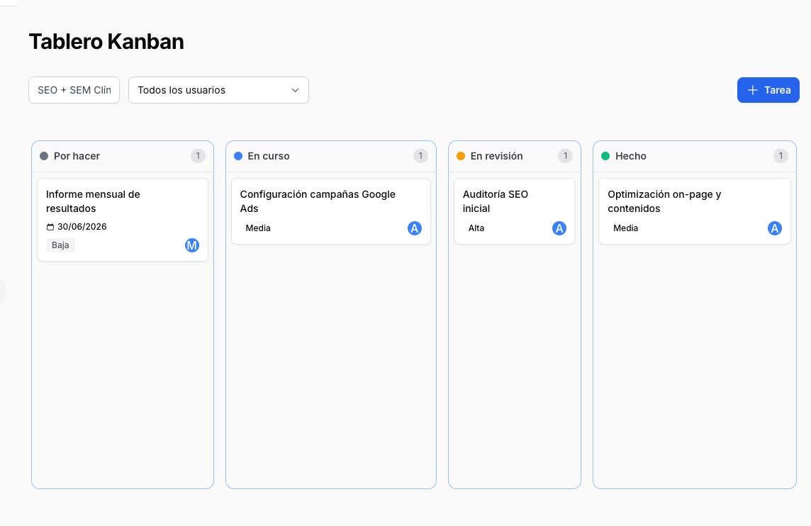 Tablero Kanban de tareas con las columnas Por hacer, En curso, En revisión y Hecho