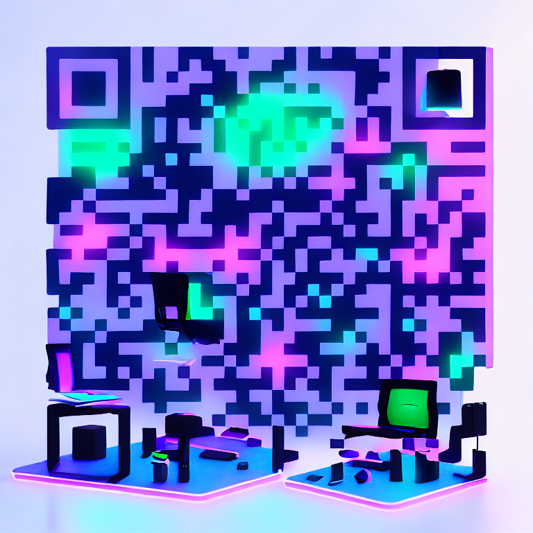 Código QR integrado en una escena de oficina futurista con luces de neón