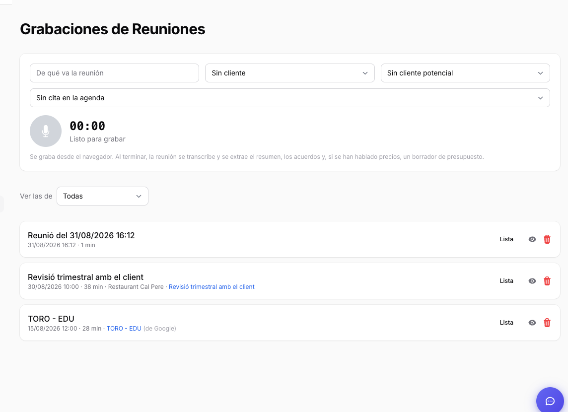 Listado de reuniones grabadas con su transcripción y resumen