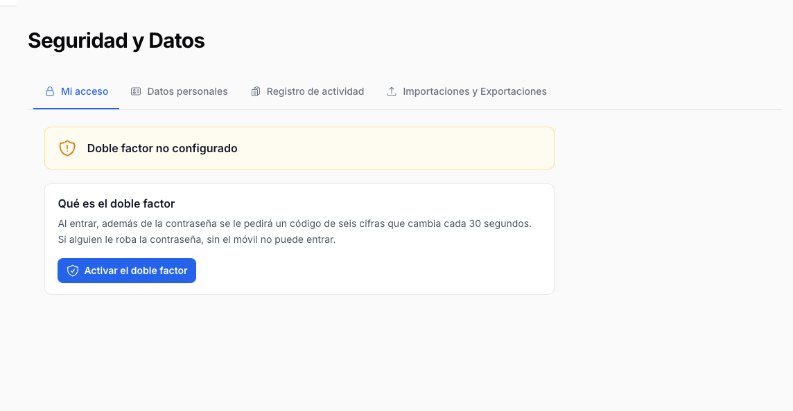 Pantalla de seguridad con doble factor, datos personales y registro de actividad