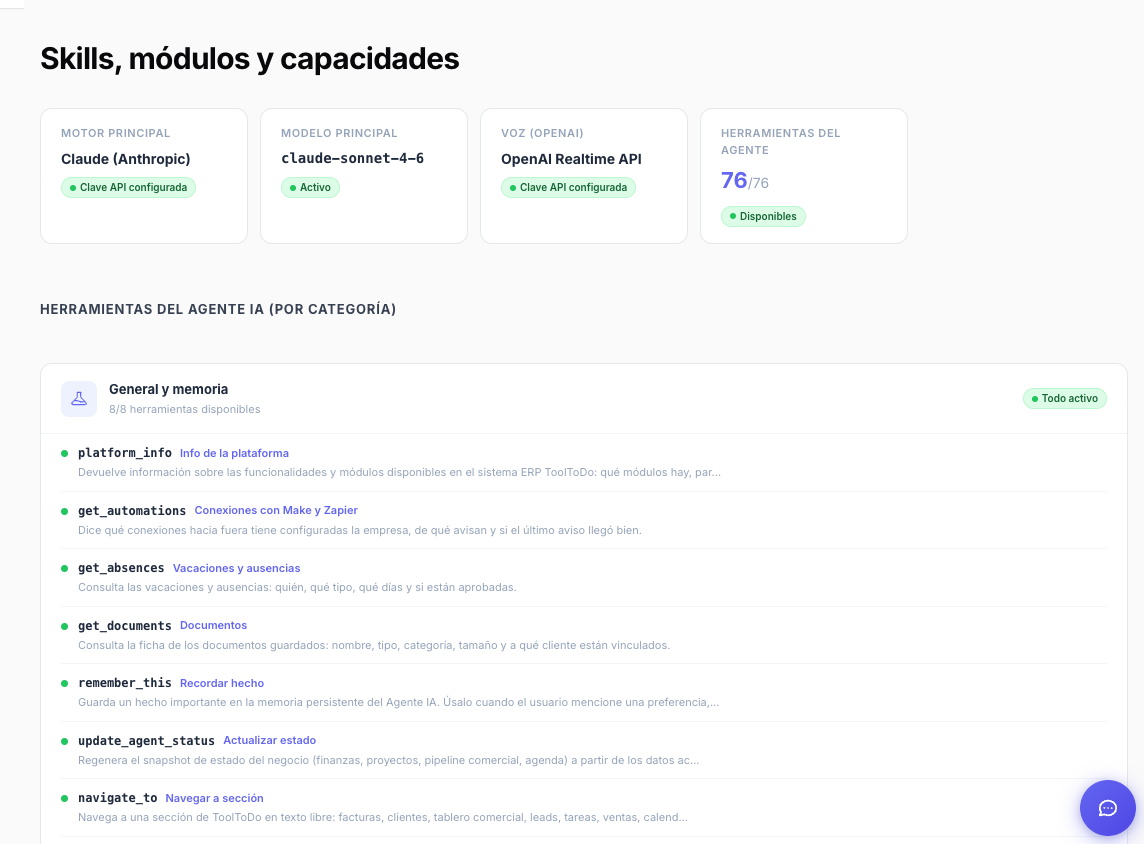 Pantalla de habilidades del agente de IA: las 76 herramientas agrupadas por categoría