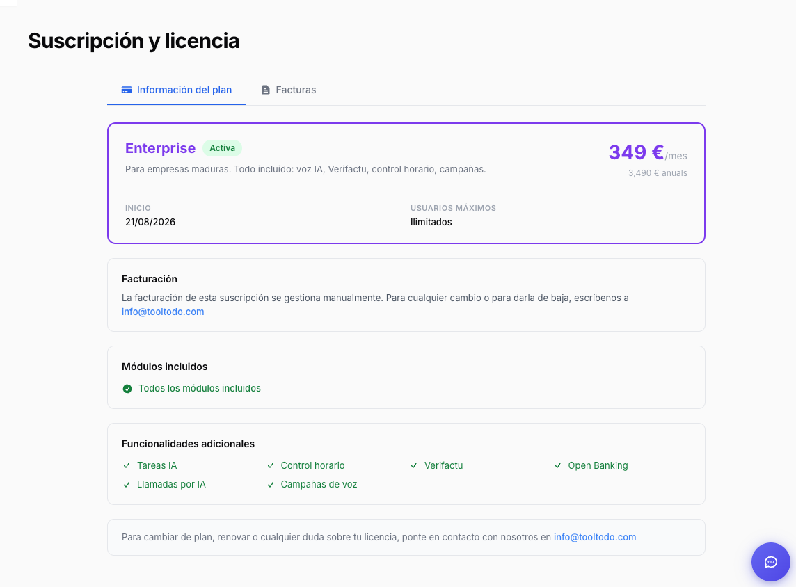 Pantalla de suscripción con el plan contratado y sus facturas